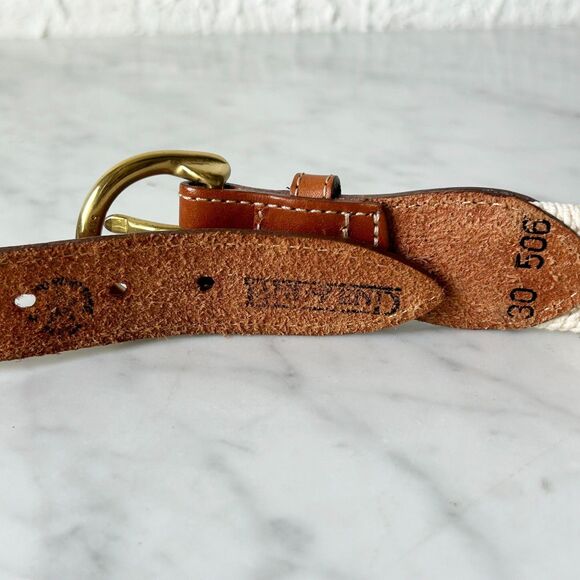 Vintage 90s Lands' End Brown Leather Belt Woven Cotton Off-White-Women's Size 30 - Picture 7 of 8